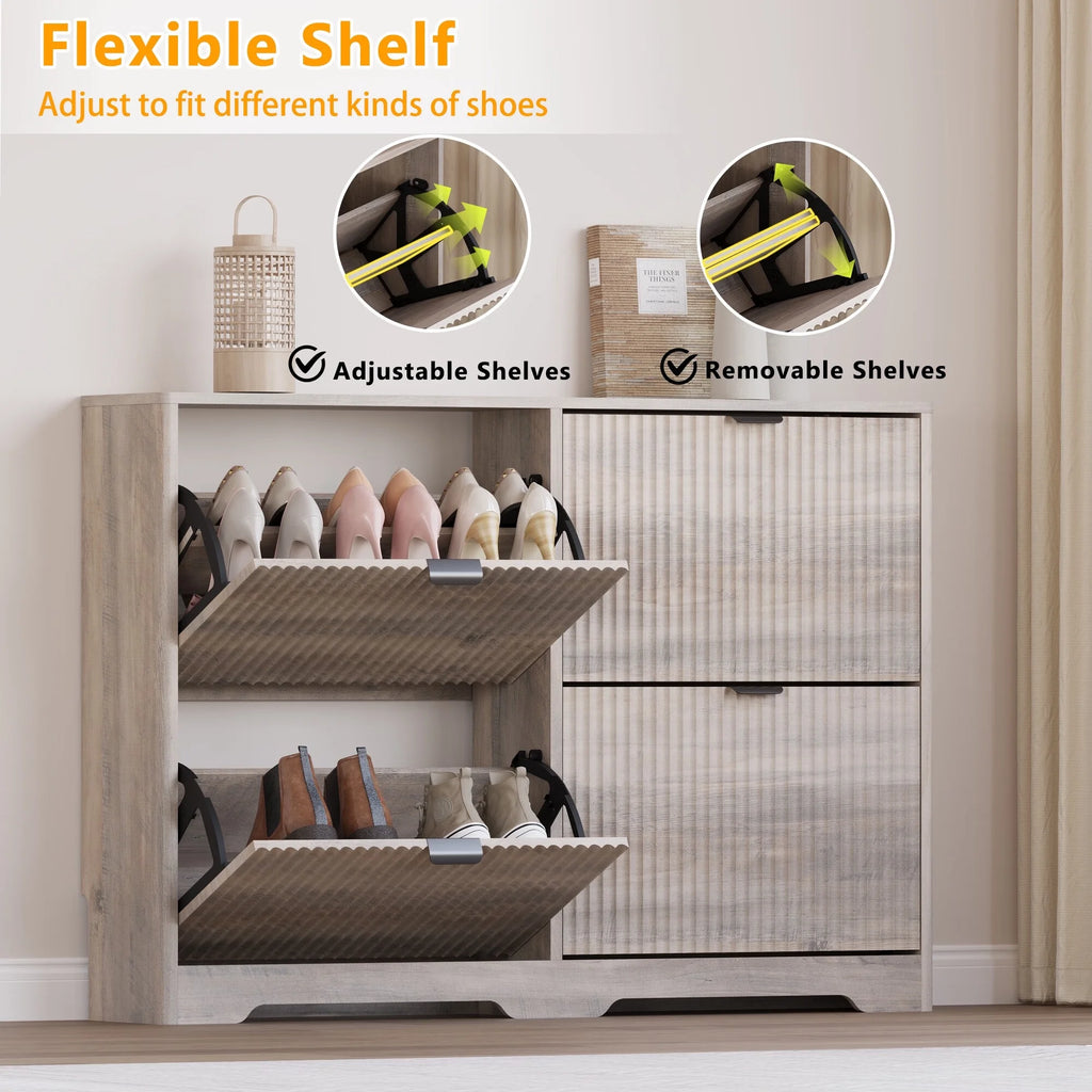 FANRAL Shoe Cabinet with 2 Flip Drawers & Open Storage,Fluted Shoe Storage Cabinet Rack Organizer with Adjustable Shelves for Entryway,Closet,Hallway,White