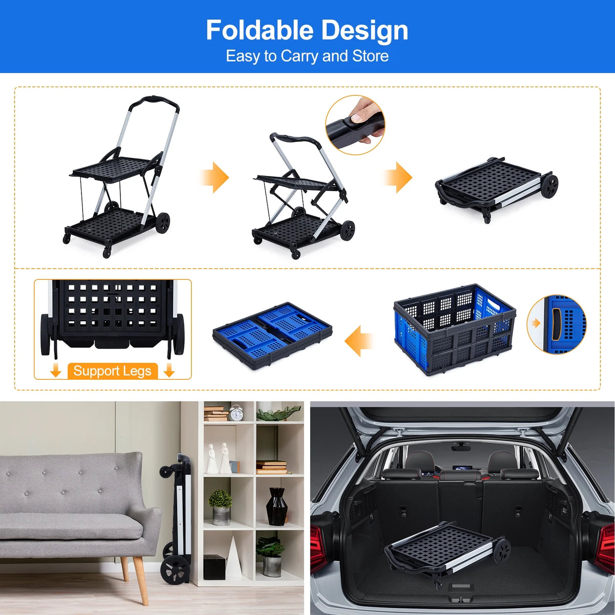 Garvee Foldable Shopping Cart for Groceries, 2-Tier Collapsible Utility Carts with Wheels & Removable Storage Crate, Aluminium & PP, Portable for Supermarket & Home Use