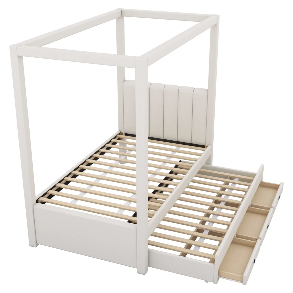 Harper & Bright Designs Twin Size Upholstery Canopy Platform Bed with Trundle and 3 Storage Drawers, Captain Platform Bed Frame with 4-Poster Canopy Roof, Beige