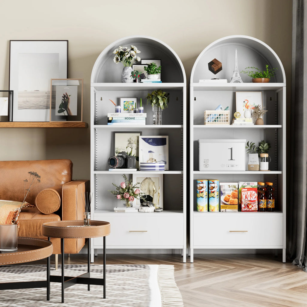 SUPEER Metal Arched Storage Display Cabinet with Glass Doors and Adjustable Shelves, Lockable Cabinet, Assembly Required, Black
