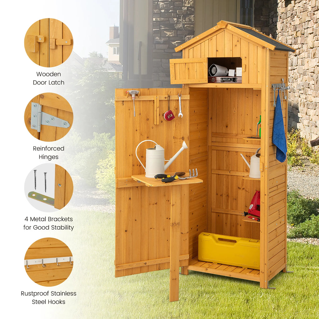 Costway Outdoor Lockable Wooden Storage Shed with Shelves, 71"x29.5"x20", Natural