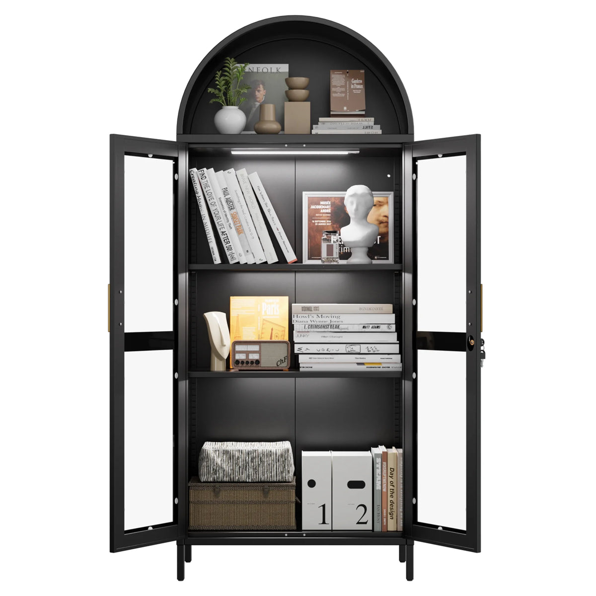 SUPEER Metal Arched Storage Display Cabinet with Glass Doors and Adjustable Shelves, Lockable Cabinet, Assembly Required, Black