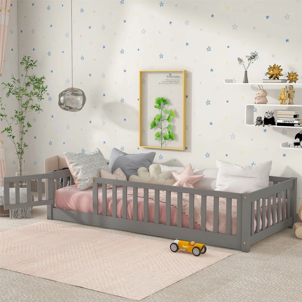 Twin Size Floor Bed Frame, Solid Wood Platform Bed Frame with Safety Fence & Small Door, Montessori Floor Bed with Slats Support for Boys Girls, No Box Spring Needed, Grey