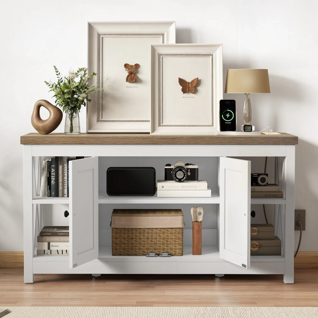 DWVO Farmhouse TV Stand with Built in Power Outlet, Entertainment Center with Storage, Wood TV Media Console for Living Room, White