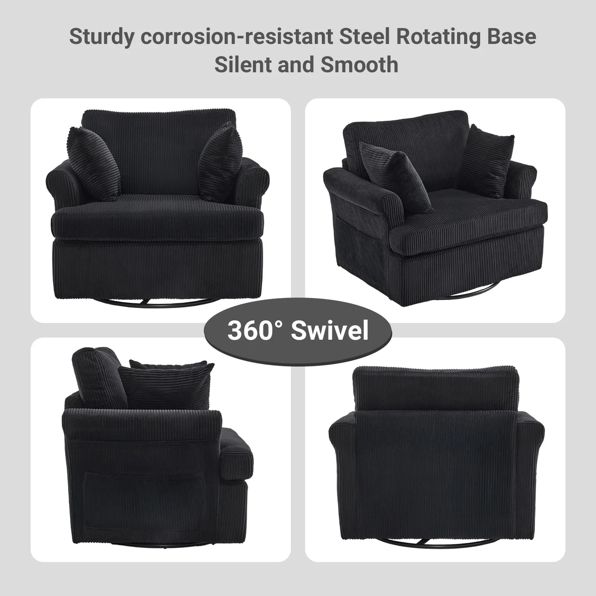 Ktaxon Swivel Accent Chair, 360-Degree Rotation Reading Chair, Corduroy Fabric Sofa with Armrest Pockets, Solid Metal Base, Perfect for Living Room Bedroom Black