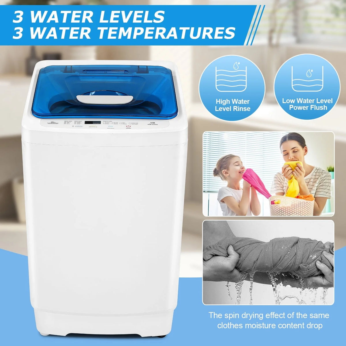 Tikmboex Fully Automatic Washing Machine, 17.8lbs Washer and Dryer Combo with Dual Inlets for Hot and Cold Water, Portable Washing Machine with LED Display & 1 Adjustable feet & Wheels