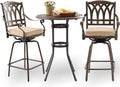 Bar Height Outdoor Table and Chairs, 3 PCS Cast Aluminum Patio Swivel Bar Set Include 31.5" Outdoor High Top Table and Barstool Set of 2 with Cushions