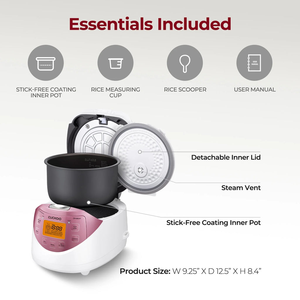 CUCKOO Rice Cooker 12 Cups Cooked Warmer with Nonstick Pot 7 Menu Options and Micom Fuzzy Logic Tech in White/Pink (CR-0631F)