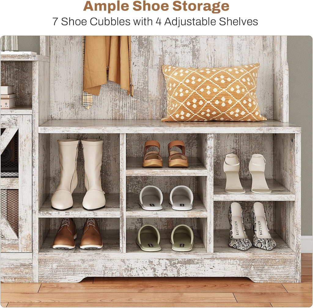 Farmhouse Wood Hall Tree with Shoe Bench and Console Table, LED 4-in-1 Coat Rack with 8 Hooks and 7 Adjustable Shoe Cubbies, Multifunctional Entryway Storage Organizer with Cabinet, Vintage White