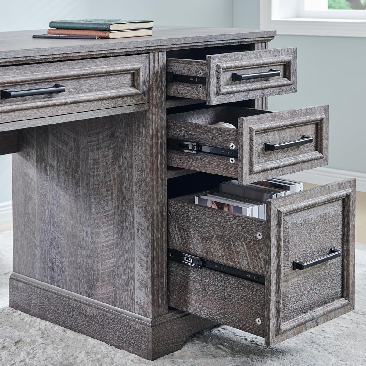 T4TREAM Farmhouse Wood 58" Executive Desk, Home Office 30" High Computer Desk with Drawers and Storage Cabinet, White