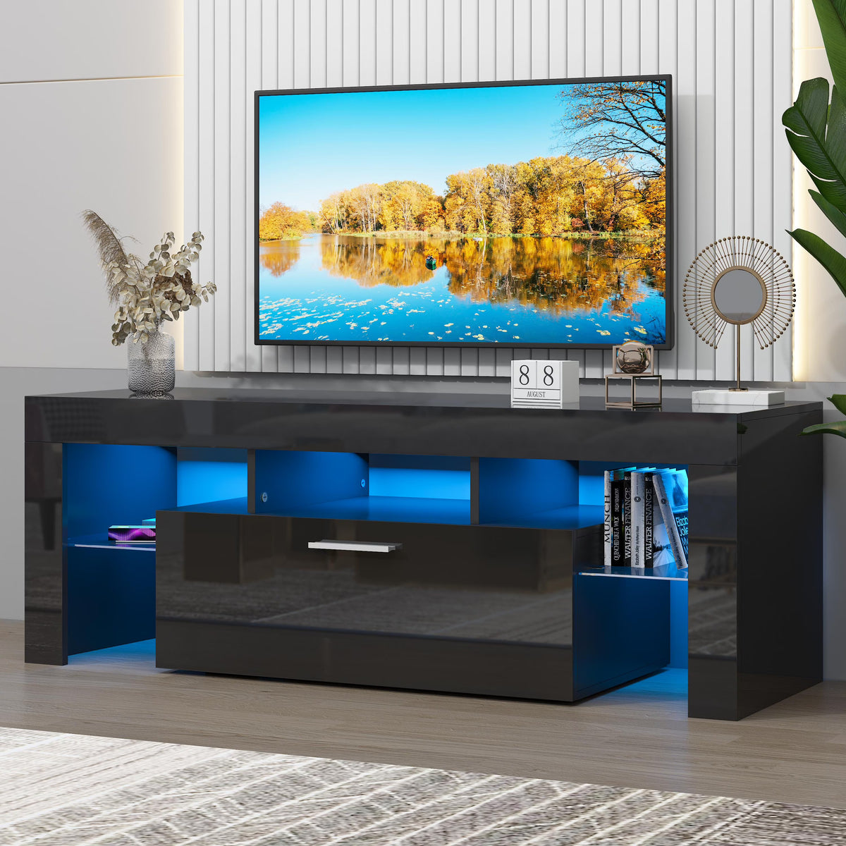 UHOMEPRO TV Stand for TV up to 70", Living Room Entertainment Center with RGB LED Lights and Storage Shelves Furniture, White High Gloss TV Cabinet Console Table