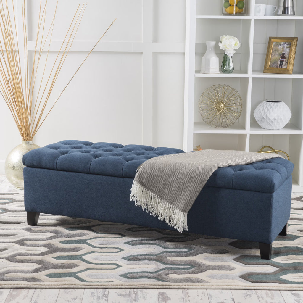 Noble House Hampton Contemporary Fabric Upholstered Storage Ottoman, White and Blue Floral