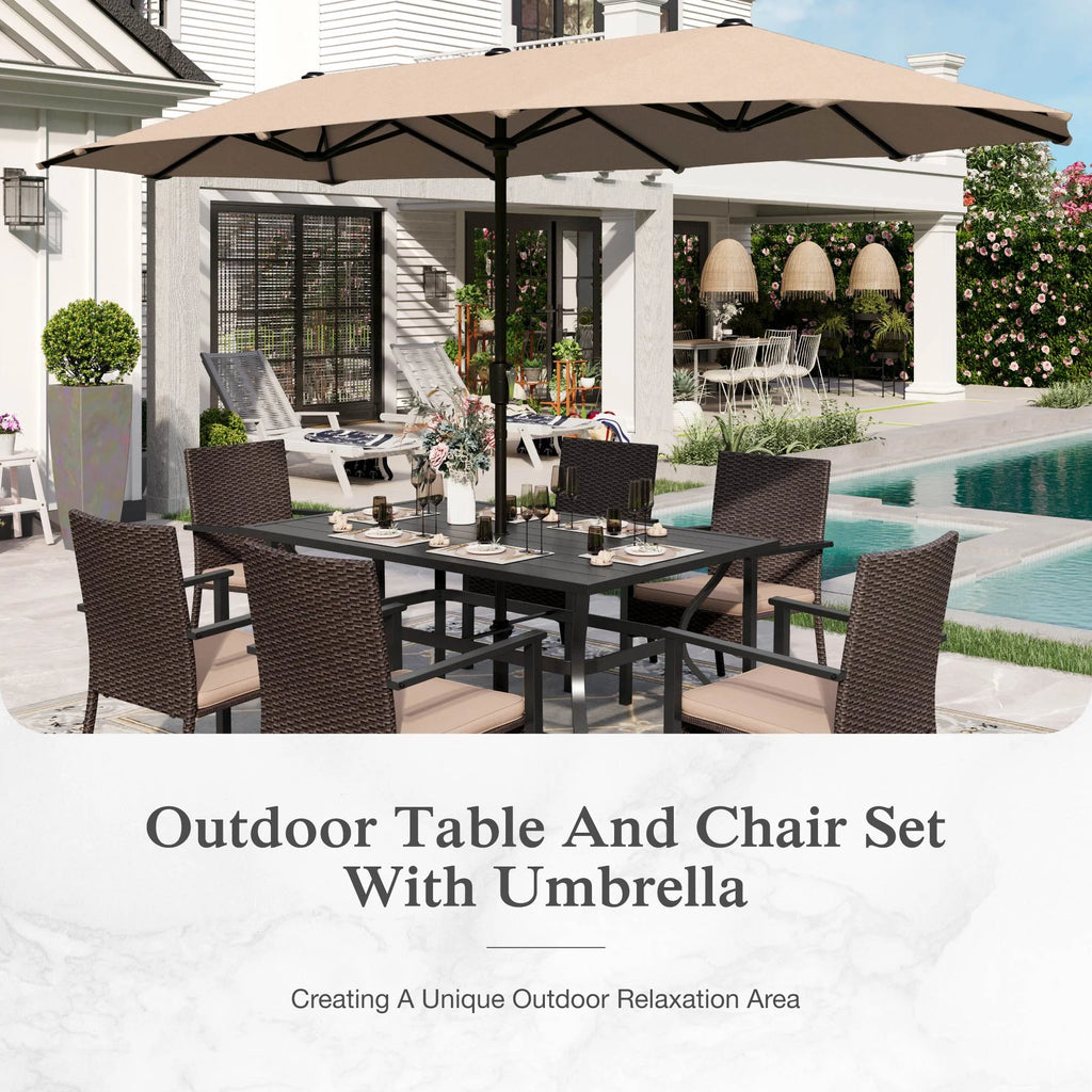 Alpha Joy 8-Piece Outdoor Patio Dining Set with 13 ft Umbrella, Rattan Chairs & Rectangle Table Set for 6, Beige Umbrella