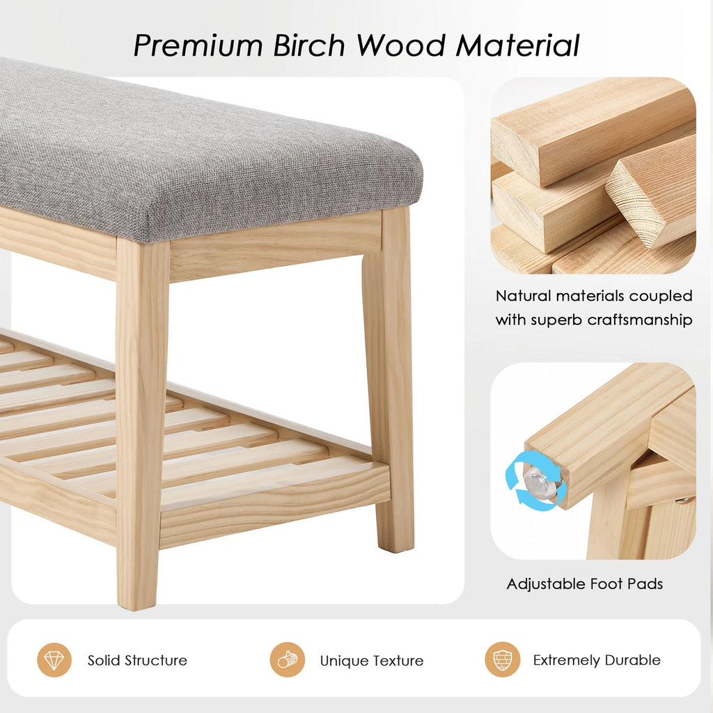 Zesthouse 42.9�?Shoe Bench with Storage, Entryway Bench for Living Room, Bedroom and Hallway, Linen Fabric Upholstered Bench with Solid Wood Shelf, Gray