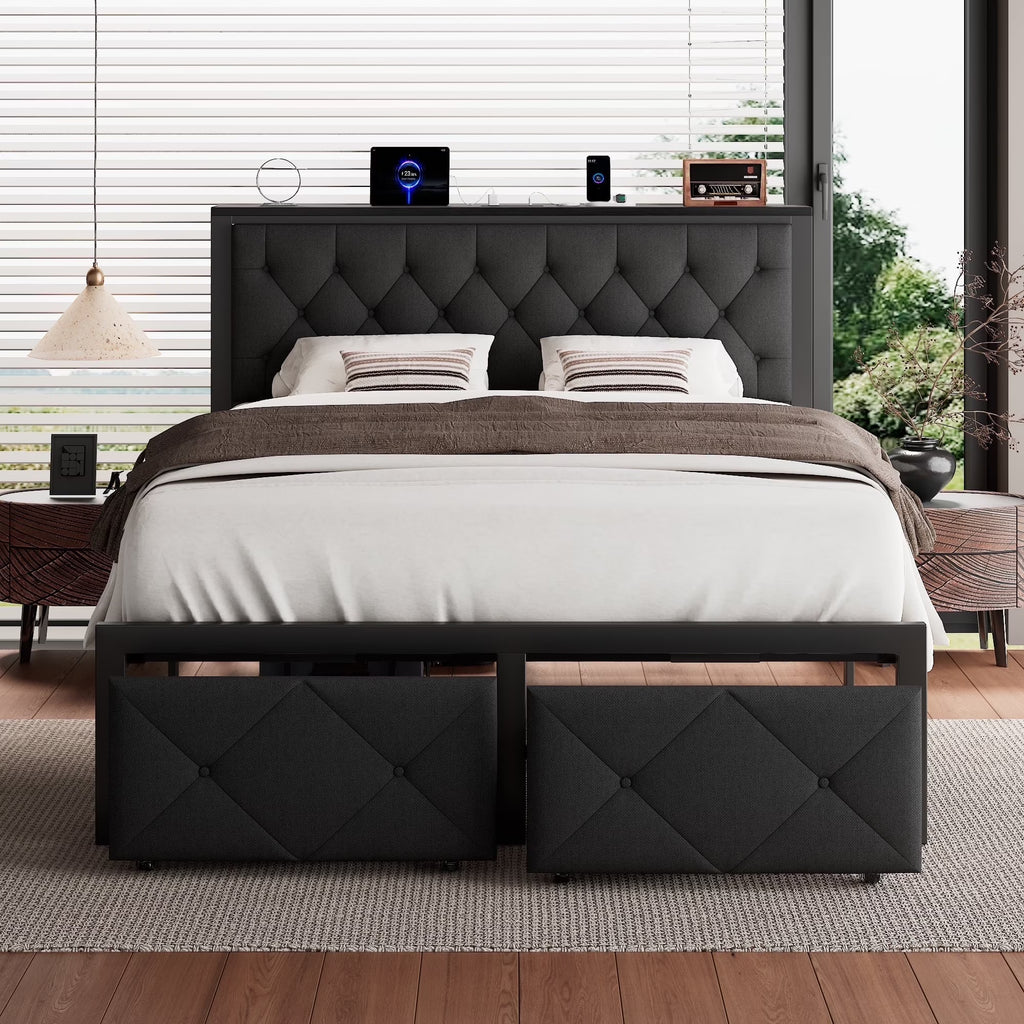 iPormis Full Bed Frame with 2 Drawers, Metal Platform Bed with Charging Station and Linen Fabric Storage Headboard Strong Metal Slats Black,Gray