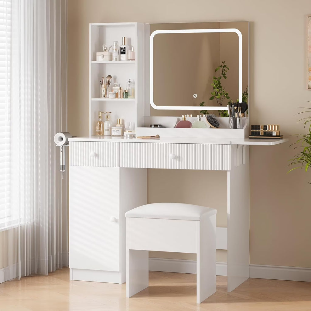 M optimized Vanity Desk with Mirror and Lights, Power Outlets Makeup Table with Drawers & Cabinet, Storage Stool, Dressing Table for Bedroom