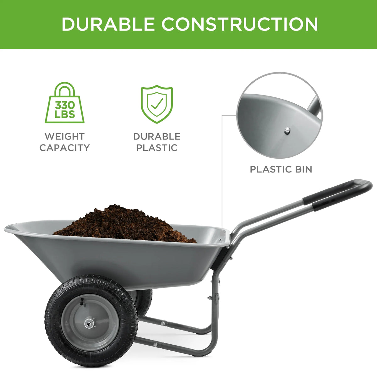 Best Choice Products Dual-Wheel Home Wheelbarrow Yard Garden Cart for Lawn, Construction - Green
