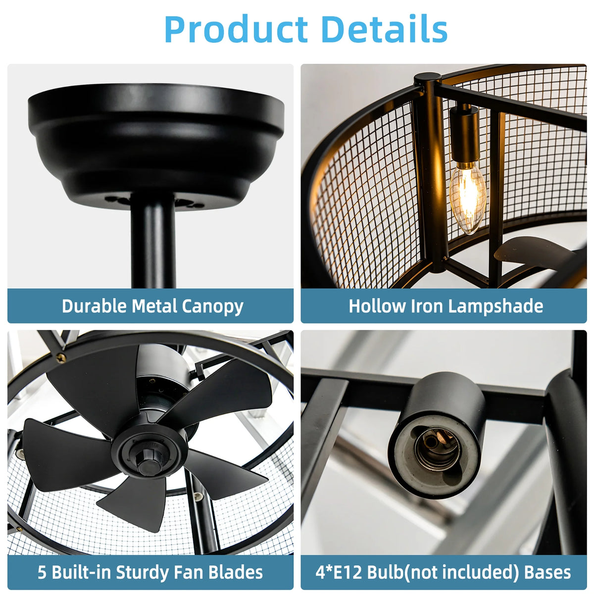 Costway 20'' Caged Bladeless Ceiling Fan with Light Reversible Motor & Remote Control
