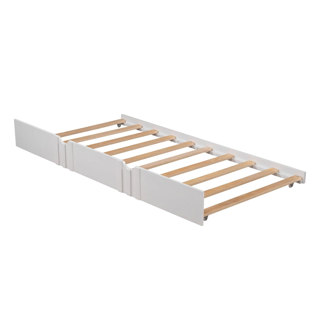 Daybed with Trundle Included, Full Size Daybed Bed Frame with Headboard and Footboard, Living Room Sofa Bed with Pull Out Bed, Wood Single Bed for Kids Boys Girls, No Box Spring Needed, White, J948