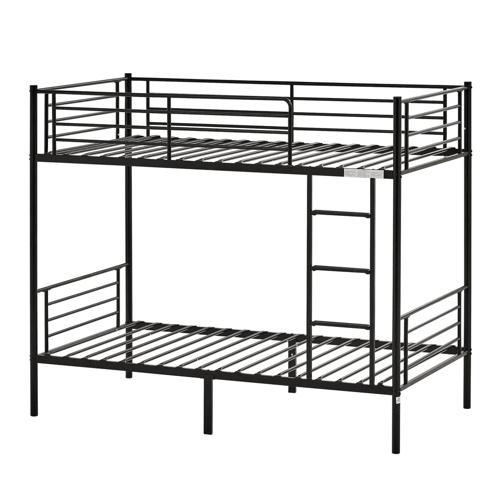 VINGLI Metal Bunk Bed Twin Over Twin with Flat Ladder and High Guardrail, Double Twin Bunk Beds for Kids/Teens/Adults, Bunk Bed with Stairs,Black