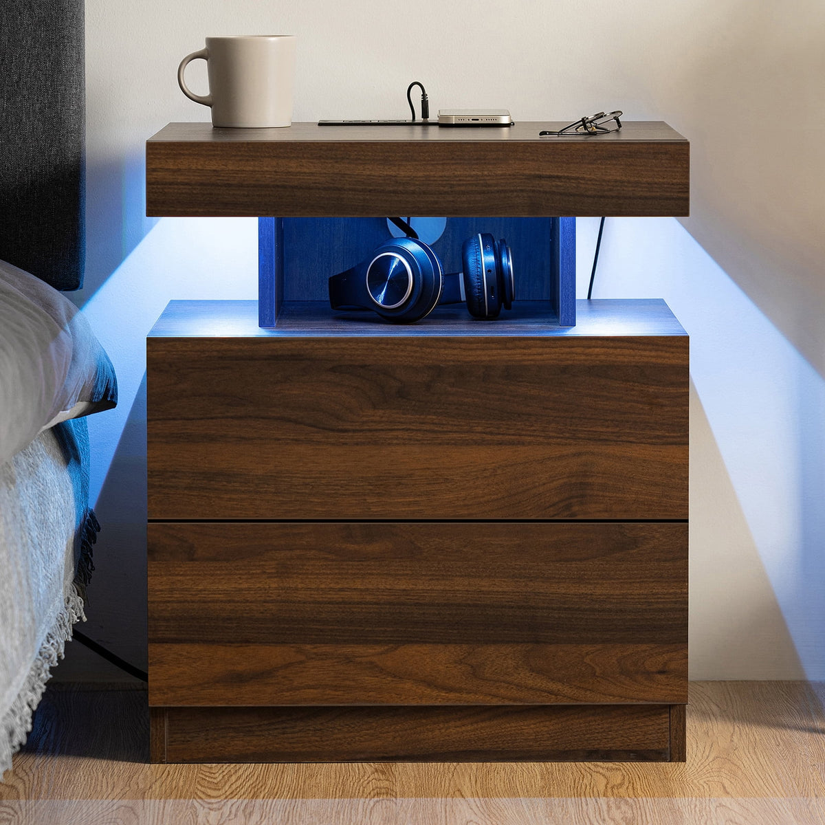 Hommpa LED Nightstand with Wireless Charging Station Modern Nightstand Type C USB Port 2 Drawers Bedside Table Black Smart Night Table High Gloss End Side Table for Bedroom Furniture 22.3" Tall