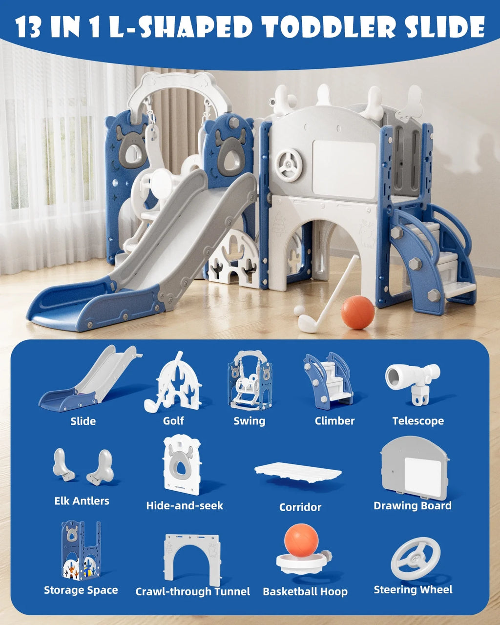 KORIMEFA 13-in-1 Toddler Slide, Kids Swing and Slide for Toddlers Age 1-4, Outdoor Indoor Playground Playset for Toddlers with Basketball Hoop and Ball Playset Telescope, Blue