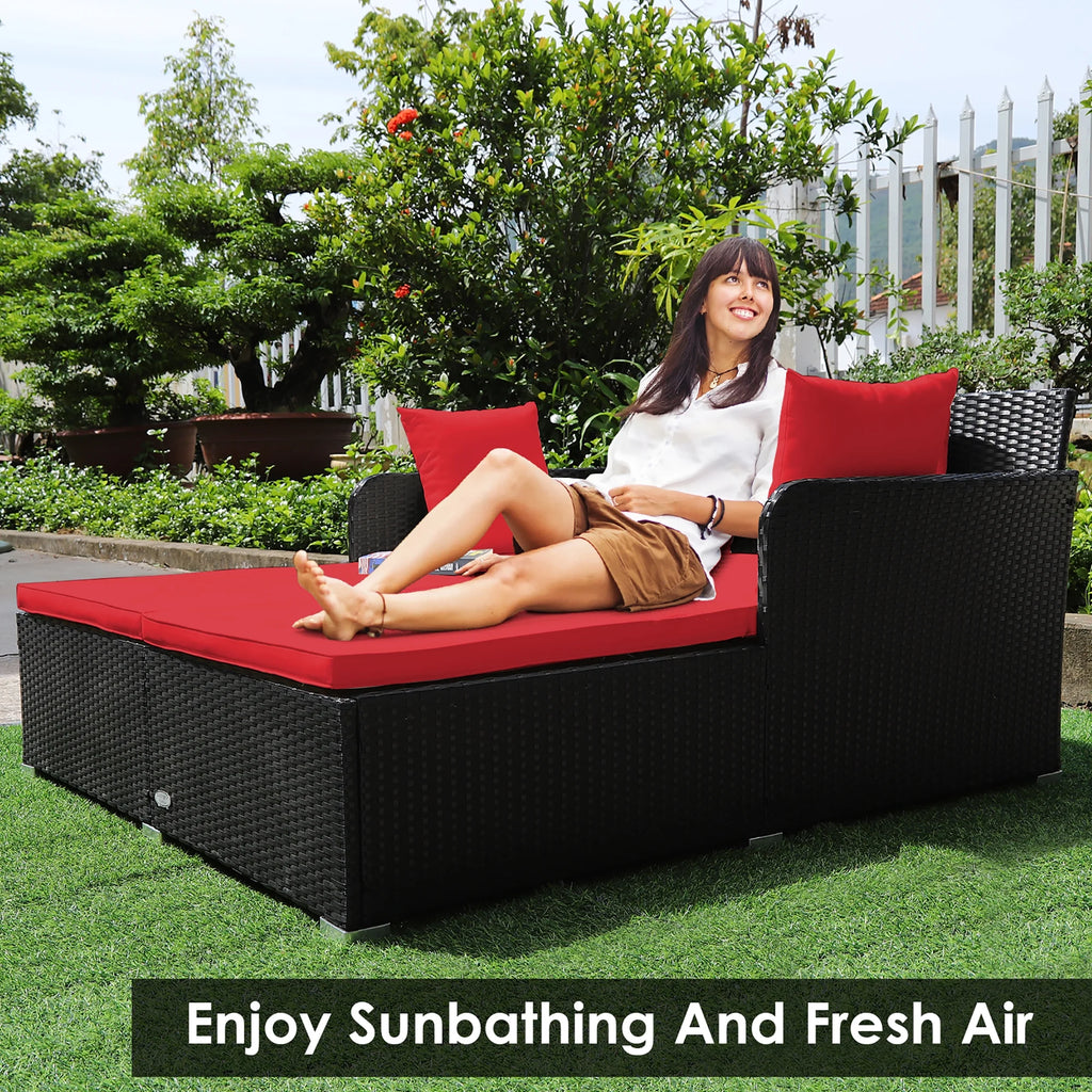 Costway Outdoor Patio Rattan Daybed Pillows Cushioned Sofa Furniture Beige