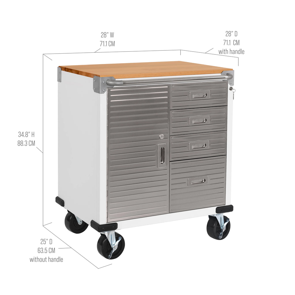Seville Classics UltraHD® Heavy Duty Rolling Cabinet Workbench Table w/ Solid Wood Top, Workstation for Garage, Office, Workshop, Granite, 1-Door, 4-Drawer (28" W x 25" D)
