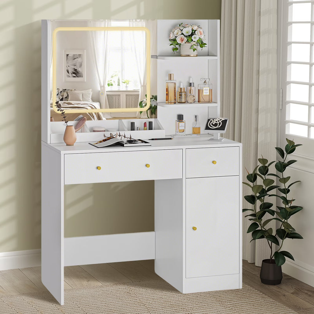 Fenbeli Vanity Set with Mirror and Lights, Makeup Vanity with 3 Drawers, Vanity Desk for Girls, Women, White