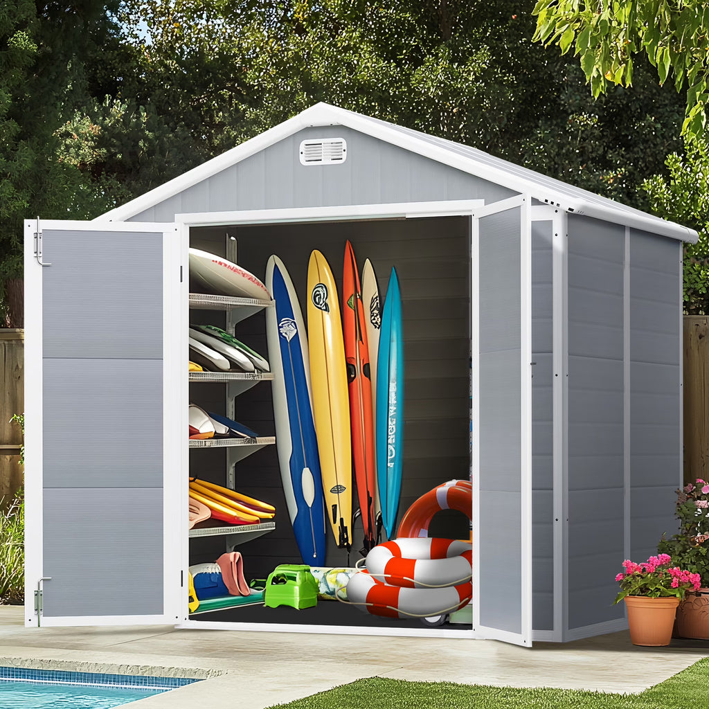 Outdoor Shed & Storage, Seizeen All-Weather Plastic Sheds 82'' H, Sloped Top Garden Shed with Window, Heavy-Duty Resin Outdoor Storage W/Floor, Gray