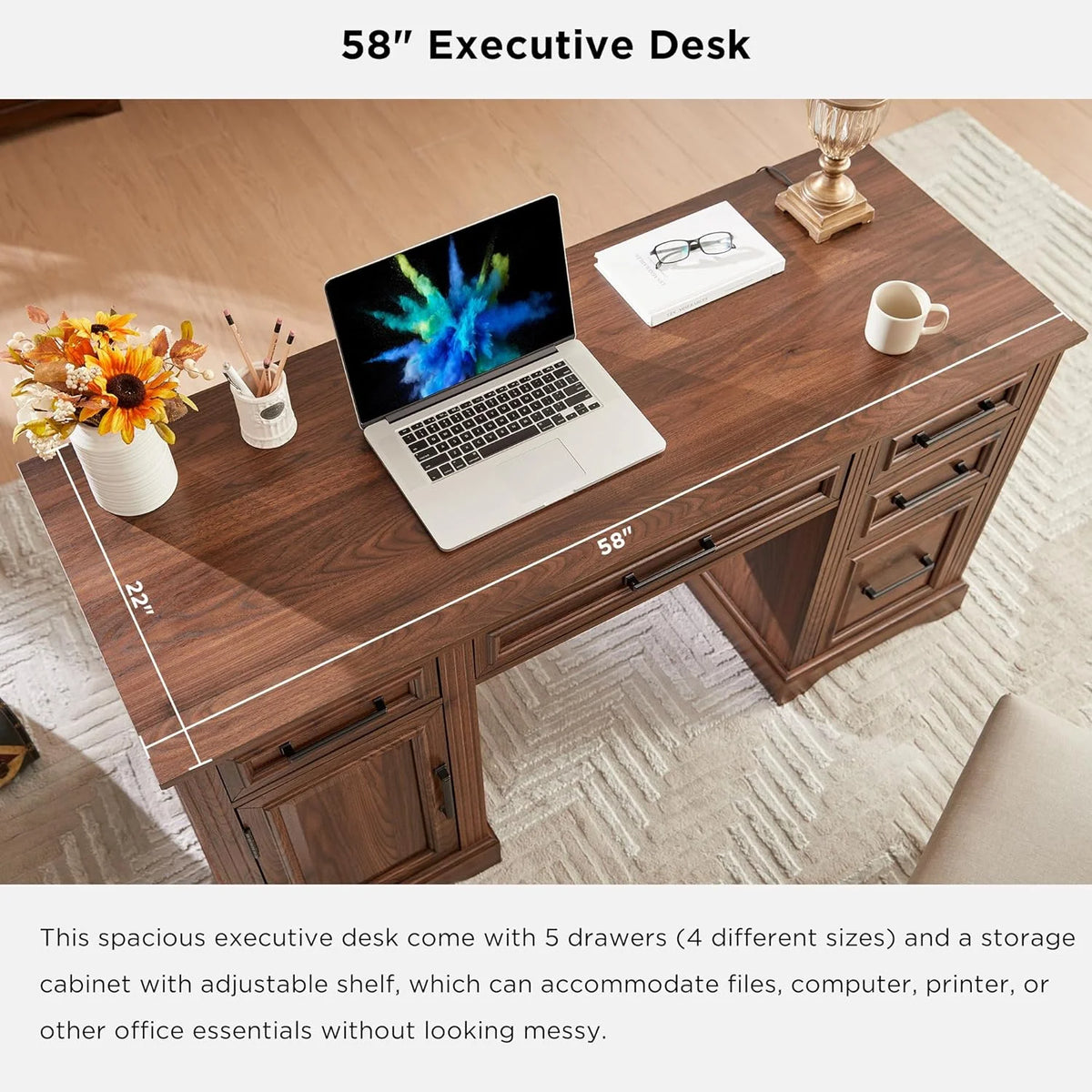 T4TREAM Farmhouse Wood 58" Executive Desk, Home Office 30" High Computer Desk with Drawers and Storage Cabinet, White
