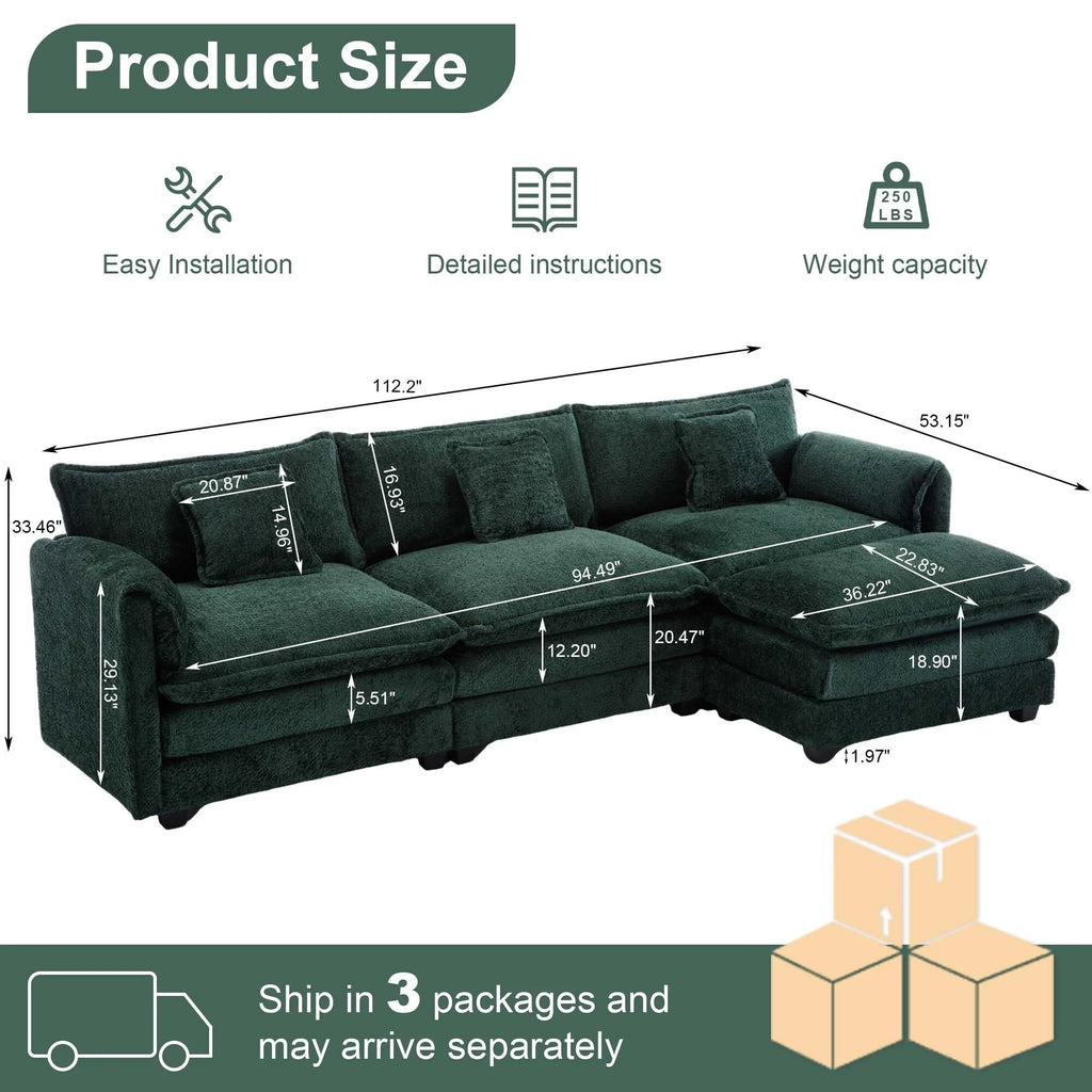 GNIXUU 112" Oversized Sectional Sofa Cloud Couch for Living Room, Modern Chenille L Shaped Couch, Comfy Boucle Modular Sofa Sleeper with Moveable Ottoman & Memory Foam (Green)
