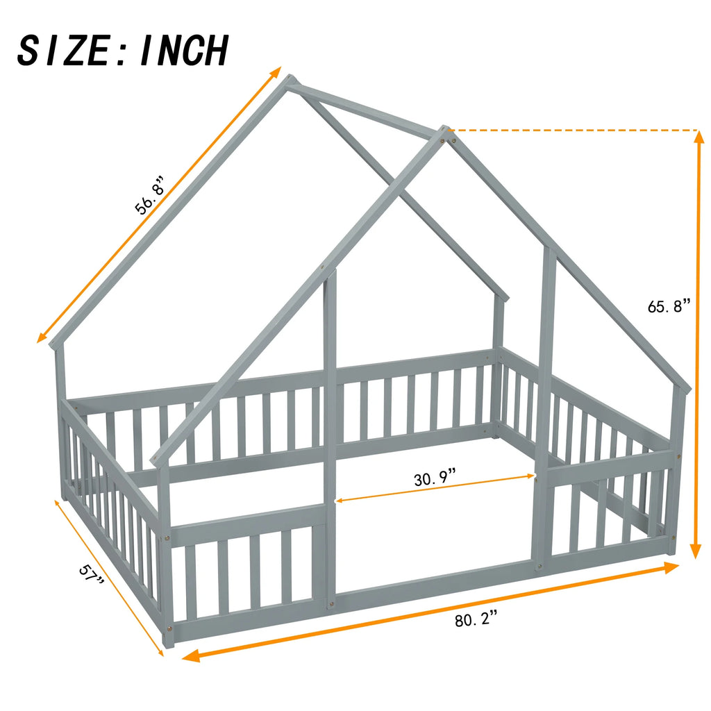 Bellemave Twin Size Floor Bed Frame, Wooden House Bed Twin Size with Fence, Montessori Bed with Guardrails for Bedroom (White)