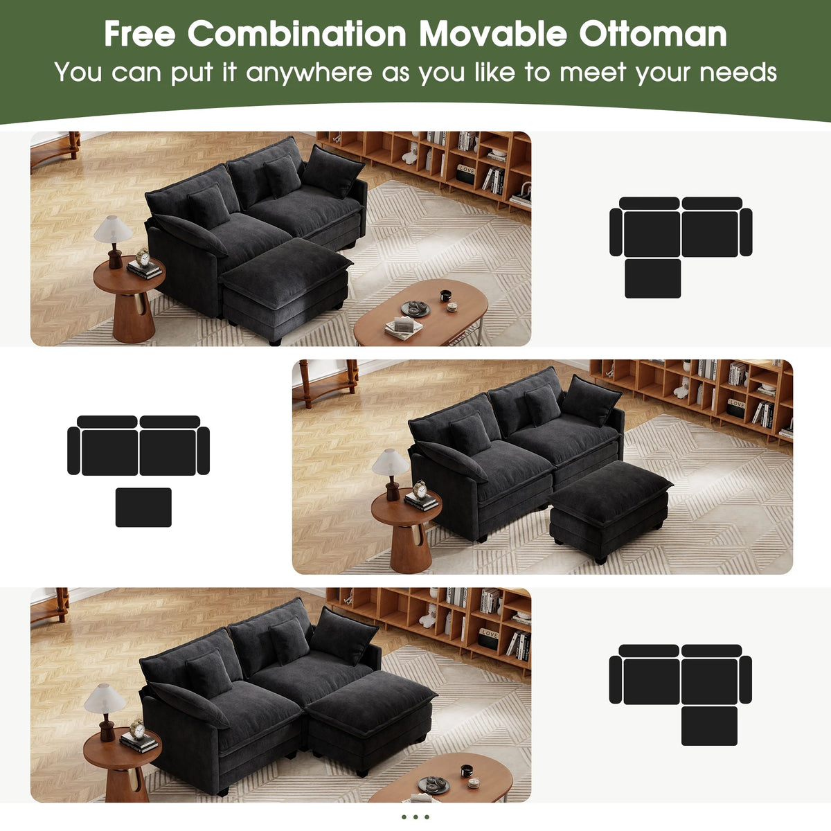 BedLuxury 111.5'' Modular Sectional Sofa with Movable Ottomans, U Shaped Cloud Couch for Living Room, 3-Seat, Beige