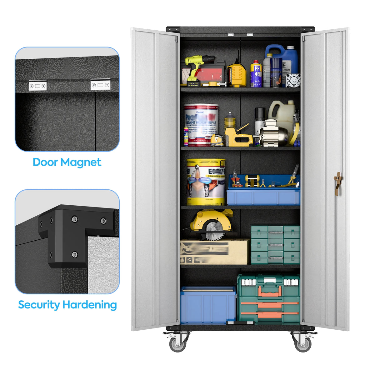 SUPEER 71" Metal Storage Cabinets with Wheels and Pegboards, Industrial Cabinet with 2 Drawers and 2 Adjustable Shelves,, Assembly Required