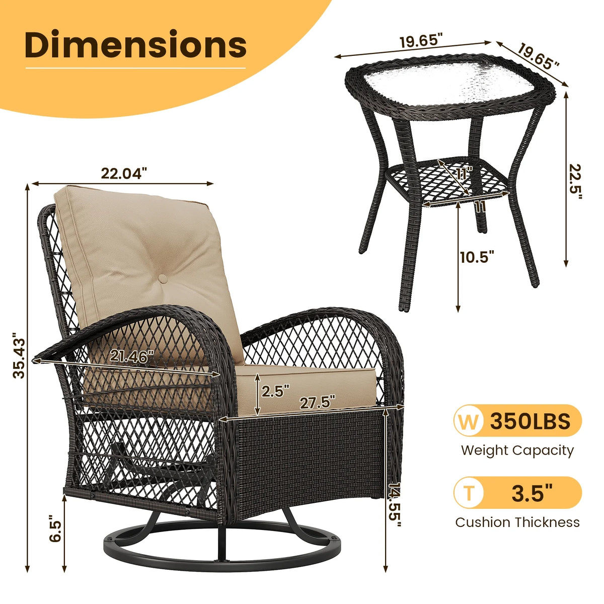 ELPOSUN 3 Pieces Patio Furniture Set, Outdoor Swivel Gliders Rocker, Wicker Patio Bistro Set with Rattan Rocking Chair, Glass Top Side Table and Thickened Cushions for Porch Deck Backyard