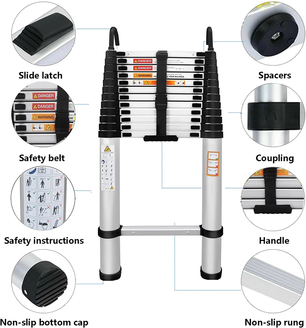 Jupiter Multi-Purpose Telescoping Extension Ladder with 2 Detachable Hooks, 20 ft, Aluminum Silver