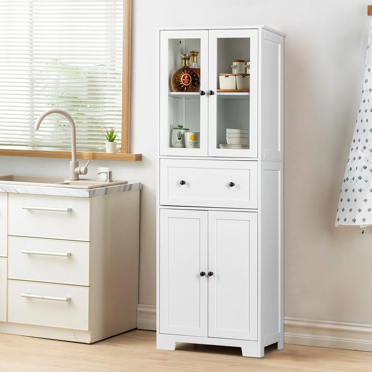 Ktaxon 64" Tall Bathroom Storage Cabinet Organizer, Freestanding Kitchen Pantry Cabinet Line Tower with 2 Glass Doors, Large Drawer & 4 Adjustable Shelves for Dining Room Living Room Home Office,White