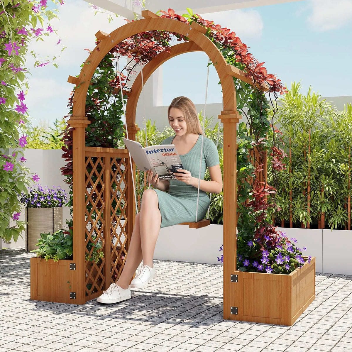 Wooden Garden Arbor with Planter&Swing,Outdoor Arbor Trellis for Climbing Plants, Roses, Vines, Outside Pergola Planter, Garden Arch for Lawn Backyard Wedding Ceremony Bridal Party