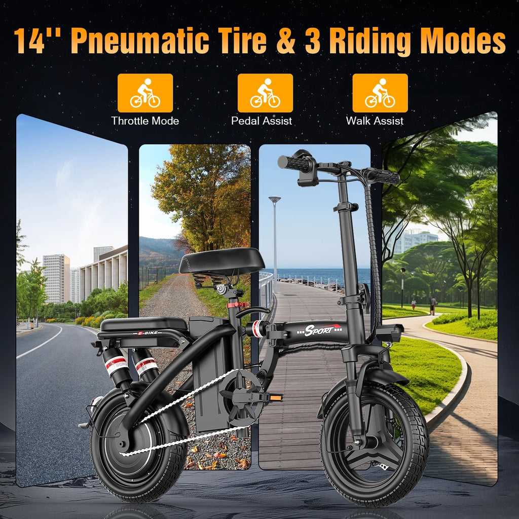ASKGO 1200W Peak Motor ,Folding Electric Bike for Adults Teens ,14'' Commuting Bike, Max 28MPH/35 Miles E-Bike ,3 Speed  Double Mini Electric Bike, UL2849