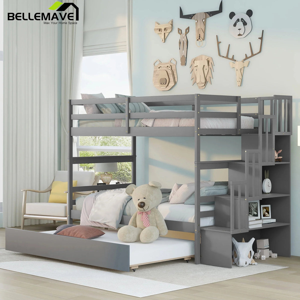 Bellemave Twin over Twin Stairway Bunk Bed with Trundle Wooden Bunk Bed Frame with Guardrails and Staircase, Twin Size Bunk Bed with Storage Stairs for Kids, Teens, Gray