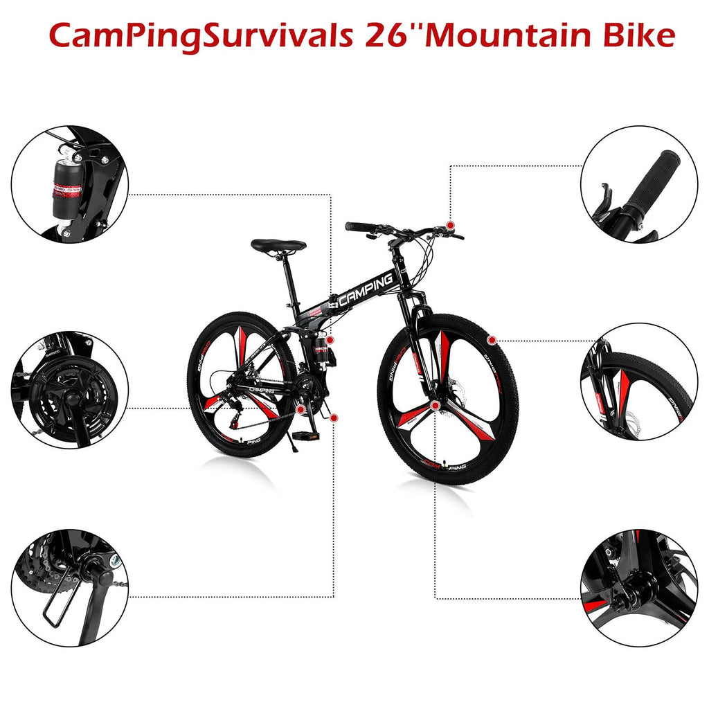 Ktaxon 26 inch 21 Speeds Folding Mountain Bike High Carbon Steel, for Adults Men Women, Red