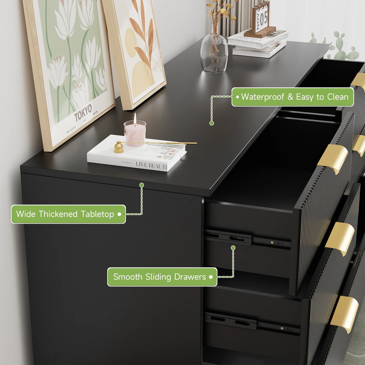 Planntonneo Boho Fluted 6 Drawer Dresser, Wooden Chests for Bedroom