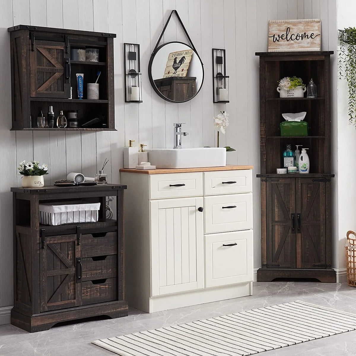 OKD Farmhouse Bathroom Storage Cabinet with 3 Drawers and Adjustable Shelves Wooden Rustic Accent Entryway Cupboard, Antique White