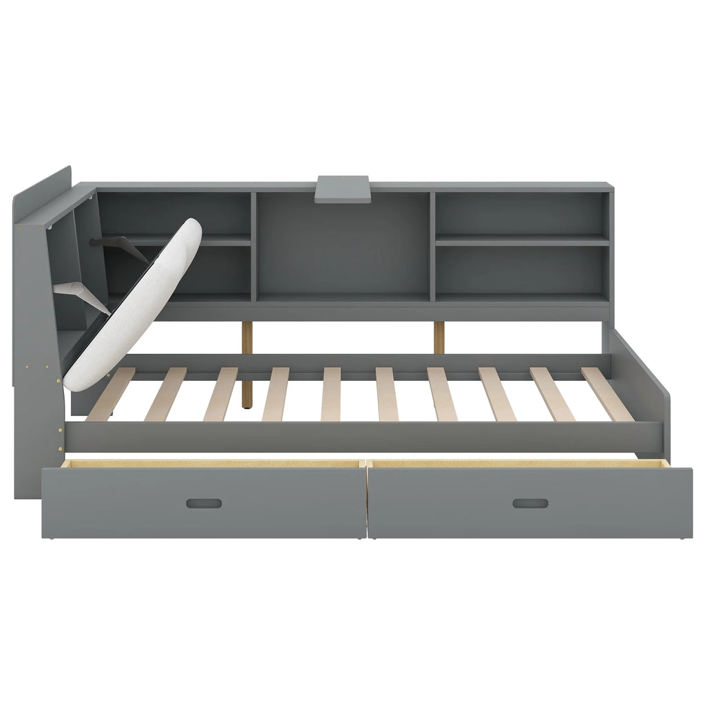 Euroco Wood Twin Size Platform Bed with Storage Headboard and Shelves, 2 Drawers Floor Bed for Kids, White
