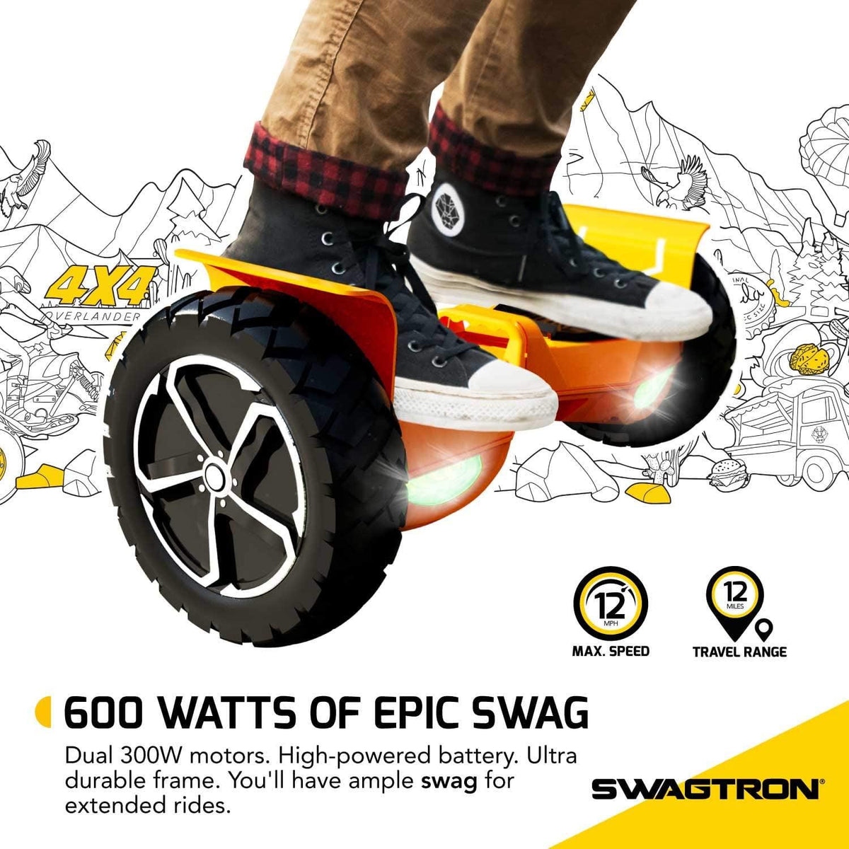 SWAGTRON Swagboard Outlaw Off-Road T6 - Handles Over 420 LBS. Up to 12 MPH. 10″ Rugged Tires