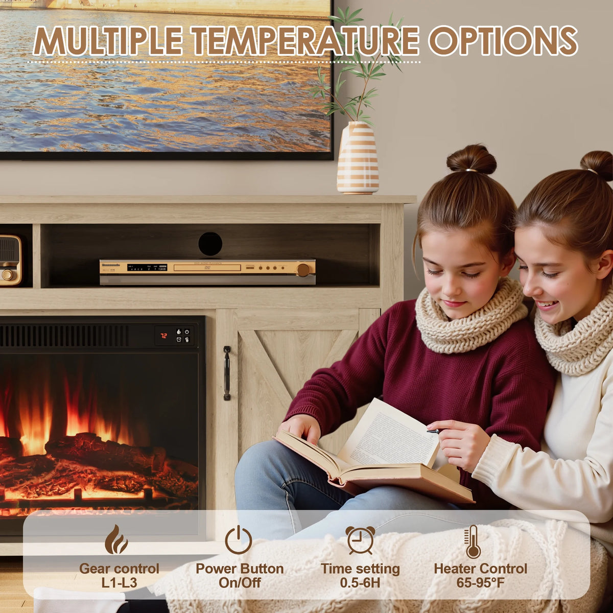 Homall Rustic 65" Television Stand with Electric Fireplace & 2 Shelves, Wood Oaken, 15.1'' W