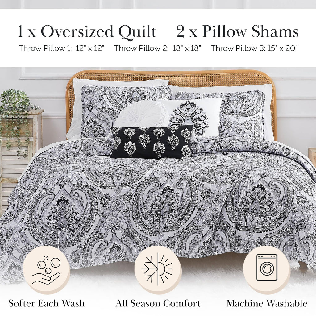 Southshore Fine LinensOversized 5-Piece Twin / Twin XL Quilt Bedding Set with two matching shams and three decorative throw pillows, oversized Paisley farmhouse bedspread Pure Melody Aqua
