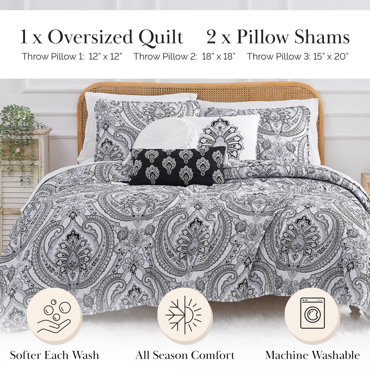 Southshore Fine LinensOversized 5-Piece Twin / Twin XL Quilt Bedding Set with two matching shams and three decorative throw pillows, oversized Paisley farmhouse bedspread Pure Melody Aqua