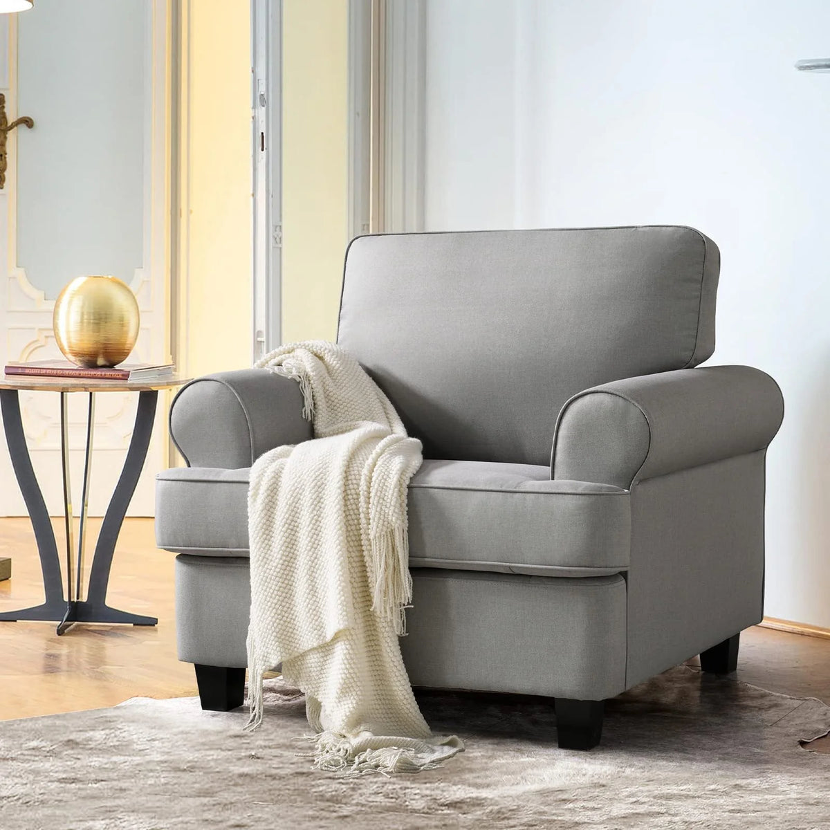 Husbedom 39" Modern Accent Fabric Chair Single Sofa Comfy Upholstered Rolled Arm Chair Living Room Furniture for Bedroom and Reading, Light Gray